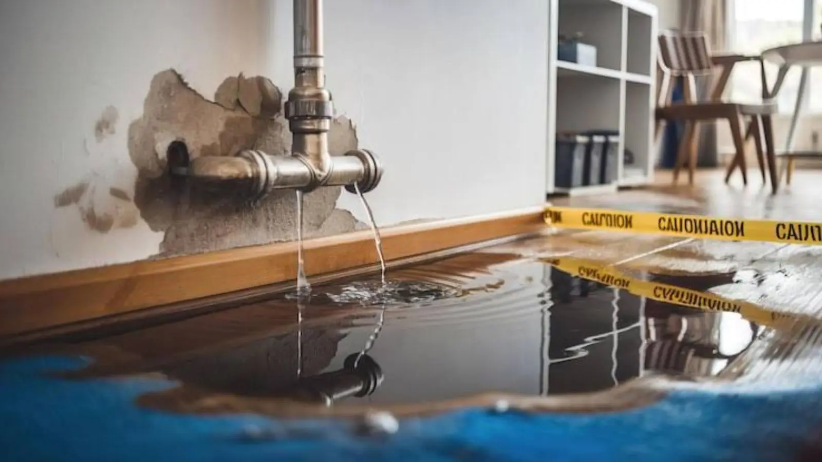 Leaking pipe at a wall with water pooling on the floor and caution tape
