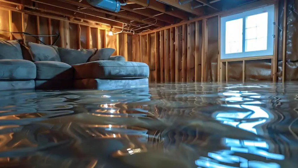 Flooded basement with exposed framing and a sofa