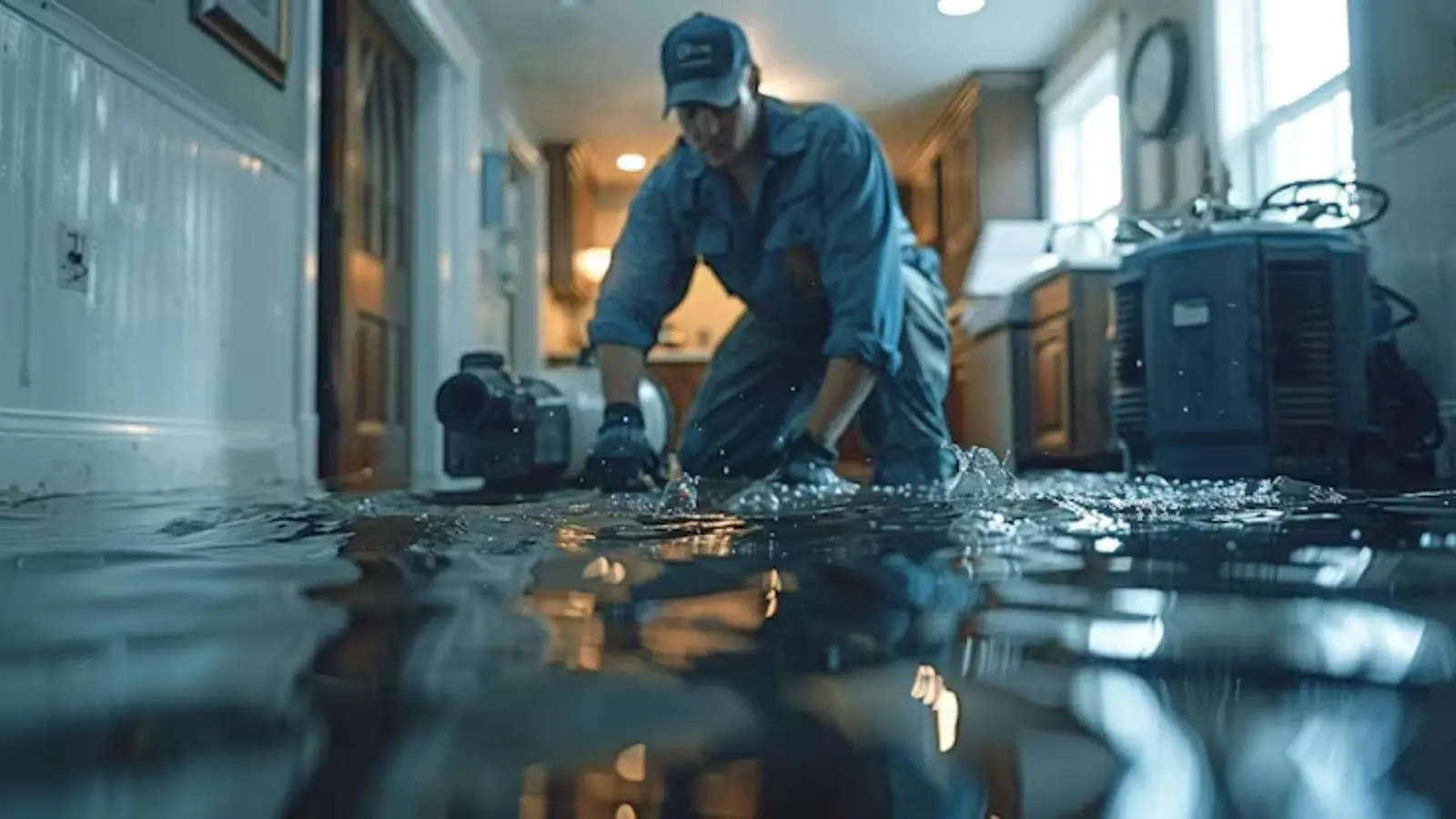 Technician setting up a pump in a flooded kitchen