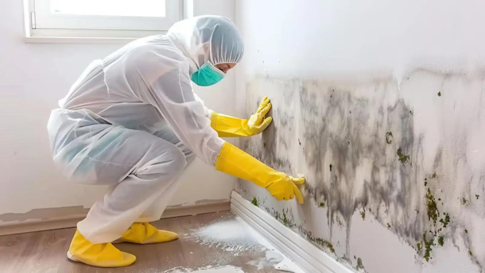 Worker in protective suit and gloves cleaning mold from a wall at the baseboard