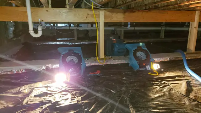 Crawl space with plastic sheeting and drying equipment under floor joists