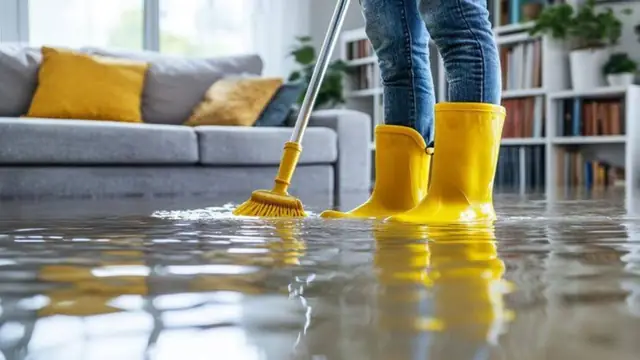 Person in yellow boots mopping standing water in a living room