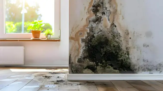 Mold growing up a wall near a window in a room with a wood floor