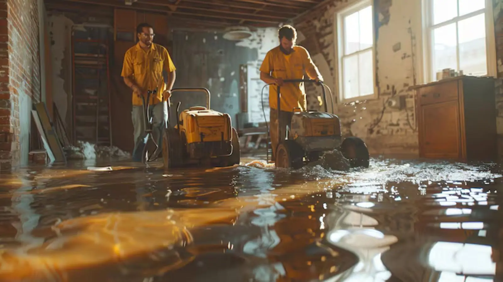 Two workers running extraction machines across a flooded room