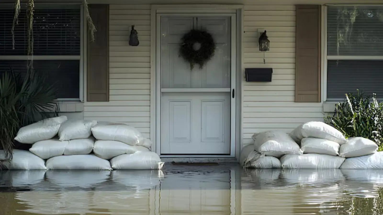Sandbags stacked at a front door with water on the ground