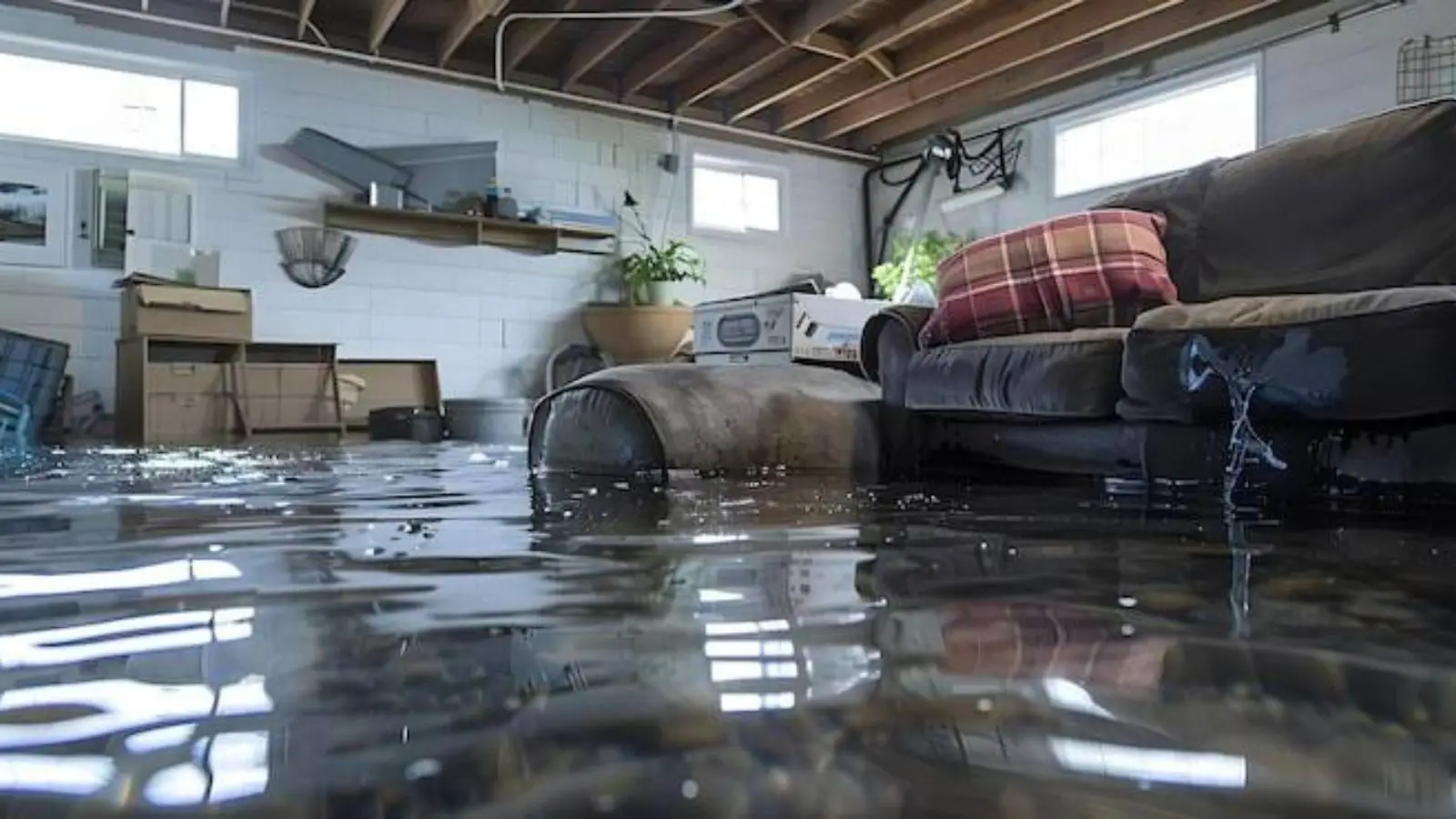 Flooded finished basement with a sofa and water covering the floor