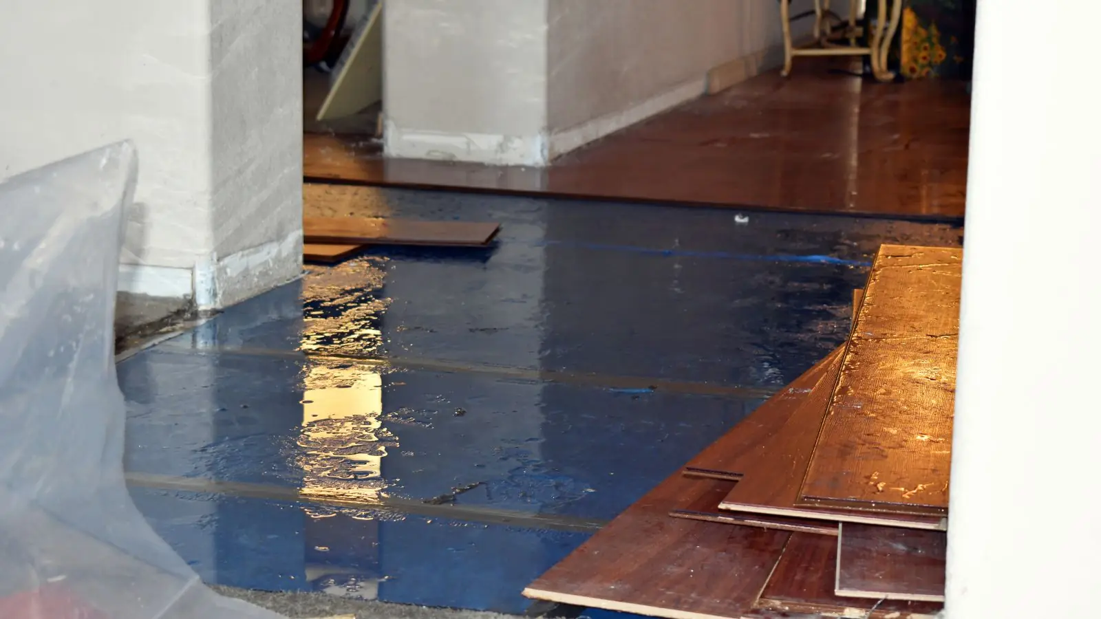 Hardwood floor boards lifted off a wet subfloor under plastic sheeting